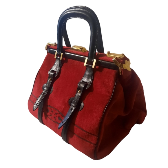 CESARE PICCINI Vintage Velvet Satchel w/ Leather Trim Red/Blk Gold HW - Picture 7 of 13